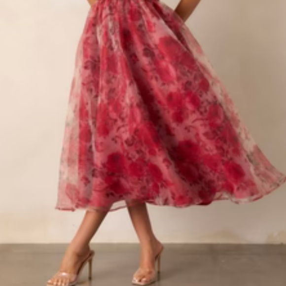 BRICK RED FLORAL HALTER MIDI DRESS - Picture 2 of 9